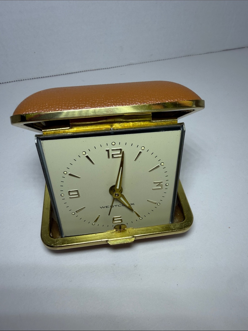 Vintage Westclox Folding Travel Alarm Clock Gold Tone Tan Orange Case 1960s